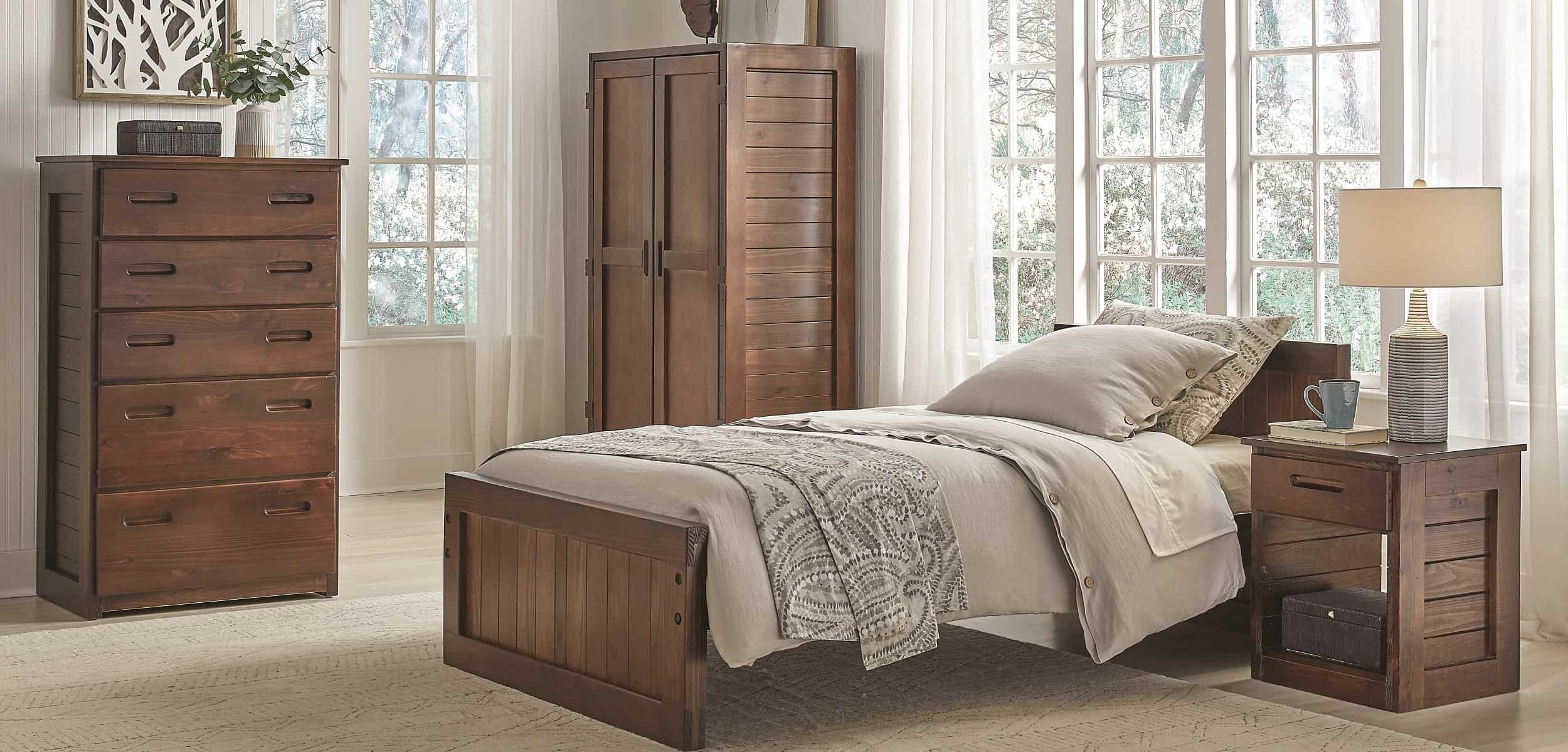 Classic Twin Bed | Classic 4-Drawer Chest, Nightstand, and Mirror, Cherry Lacquer Classic Bedroom