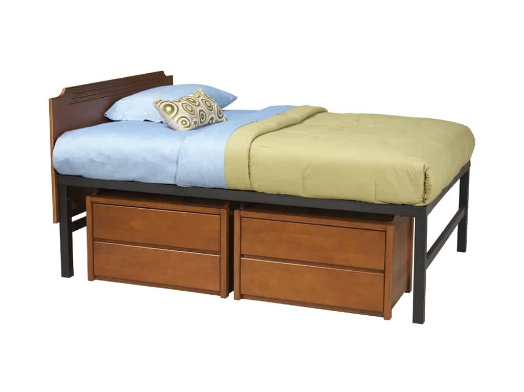 Three Quarter view of Espresso Double Head Panel shown on Camden Bed with 2-Drawer Stackers
