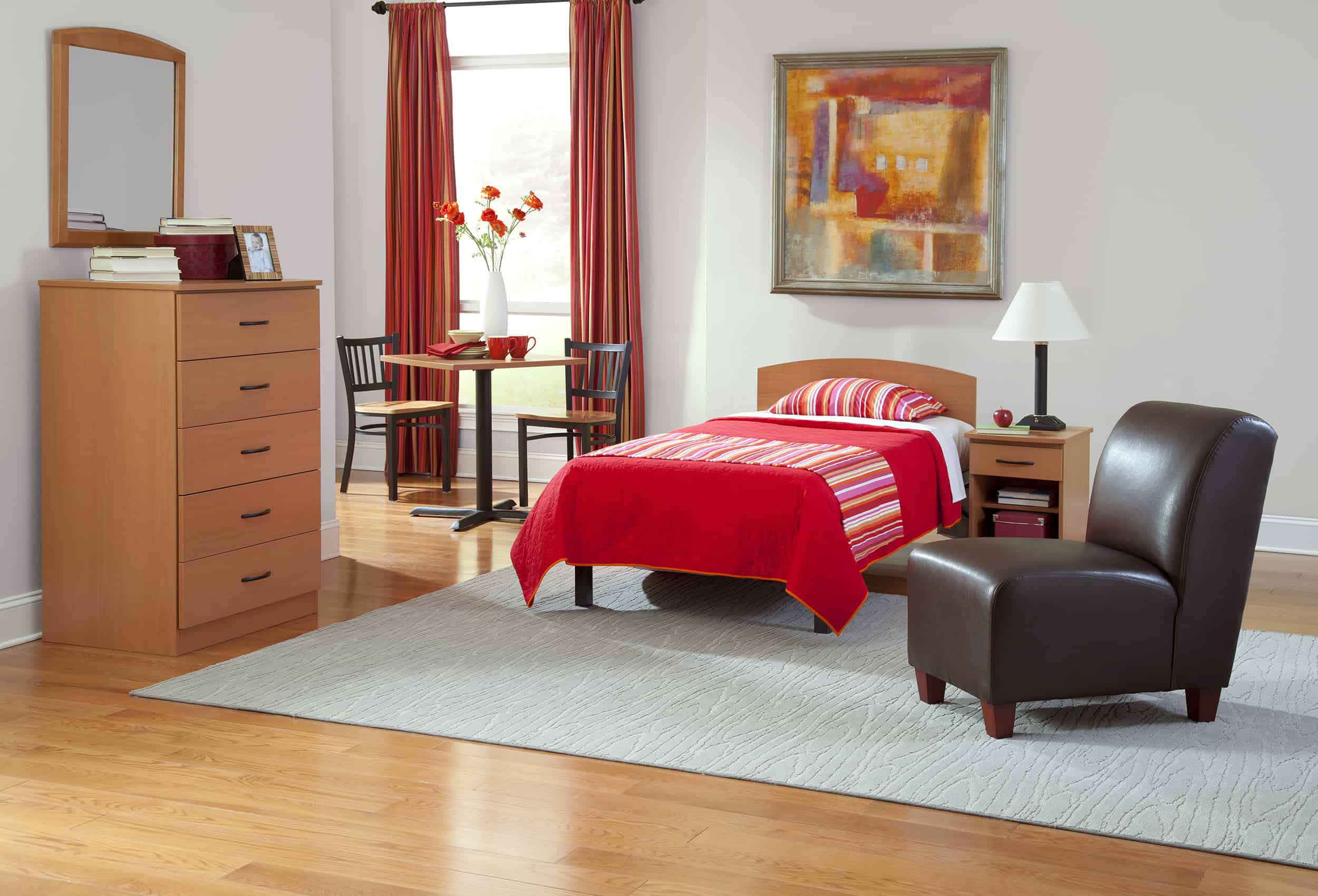 Camden Twin Bed with Merit Head Panel | Studio Trent Chair | Merit 5-Drawer Chest and Nightstand, Medium Cherry | Beechwood Mirror | Bistro Chairs with Wood Seat | Cafe Table Camden, Merit, Bistro and Cafe Table