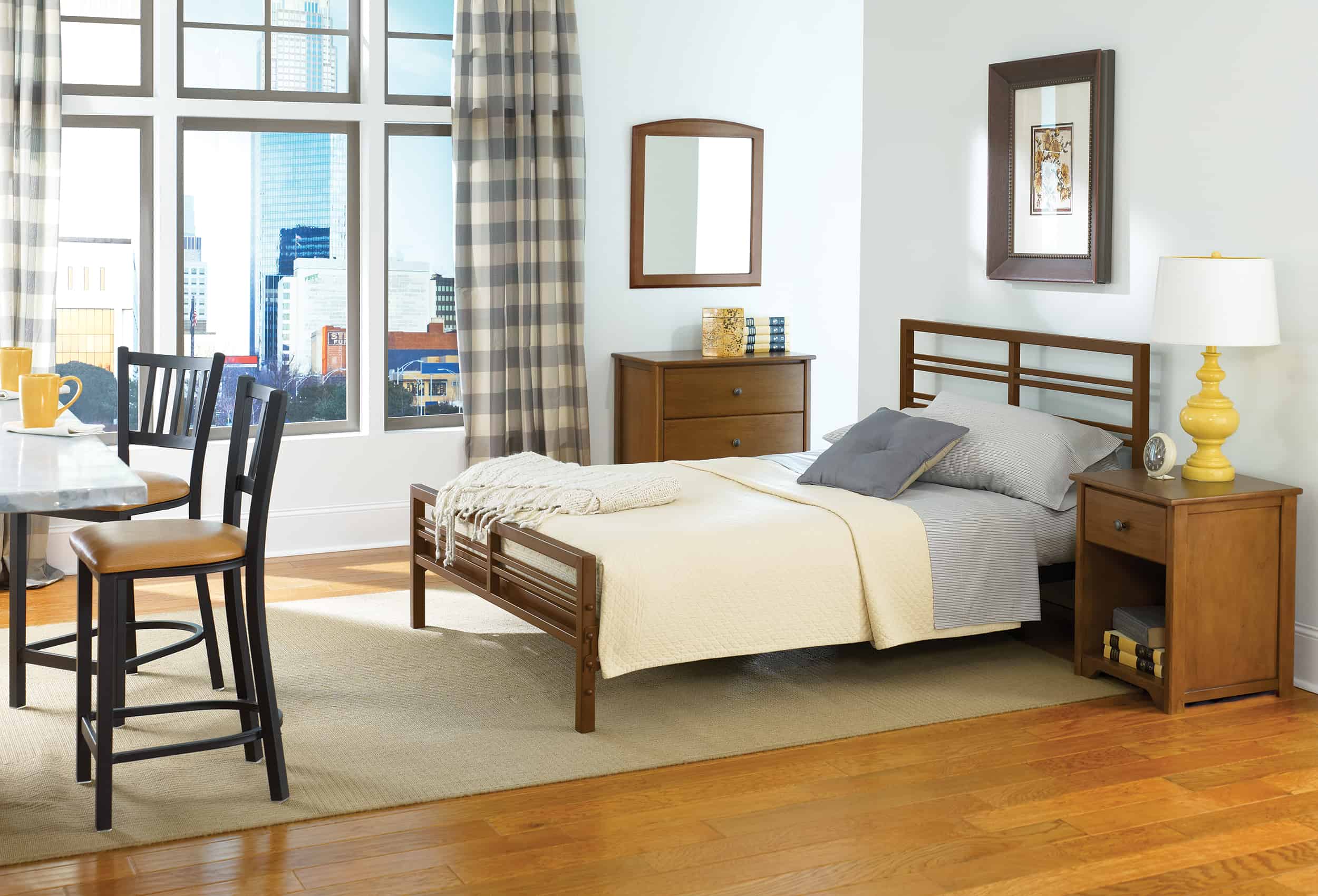 Mason Double Bed with Headboard and Footboard | Espresso 3-Drawer Bureau and Nightstand Chestnut | Beechwood Mirror | Bistro Barstools with Upholstered Seat Mason, Espresso Casegoods and Bistro Counter Stools