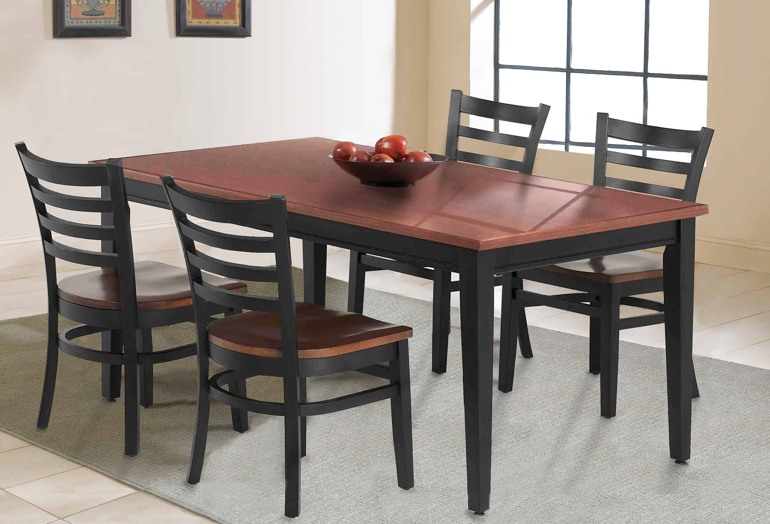 Medium Rectangle Tapered Leg Table, Black Base and Select Cherry Top | Chandler Chairs with Wood Seat, Black Frame and Select Cherry Seat Tapered Leg Table & Chandler Chairs in Dining Room