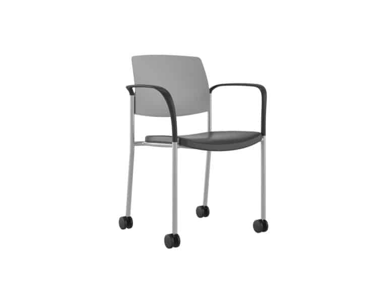 Three Quarter view Upland Arm Chair with Poly Seat, White Plastic Back & Casters