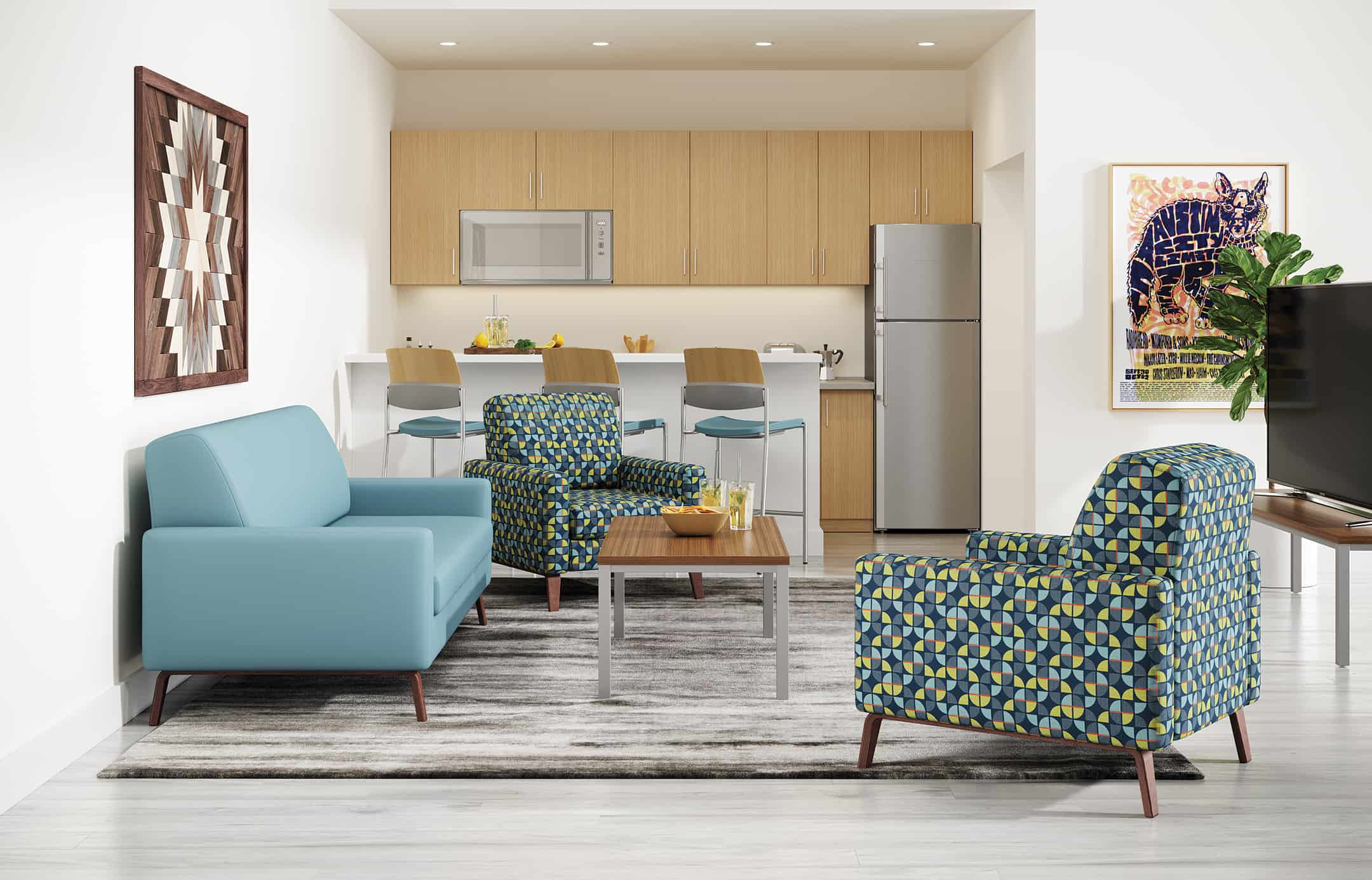 Chill Chair shown in CF Stinson Pinball Surf, Chill Sofa and Upland Chairs shown in Momentum Endurance EPU Neptune Chill Living Room