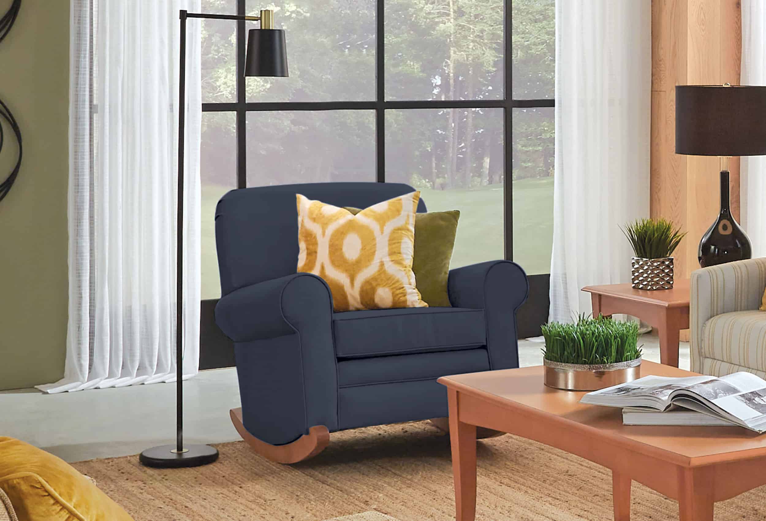 Hampton Rocker with Durango Sapphire Upholstery | Danbury Side and End Table with Huntington Maple Finish Living Room with Hampton Rocker with Durango Sapphire Upholstery | Danbury Side and End Table with Huntington Maple Finish
