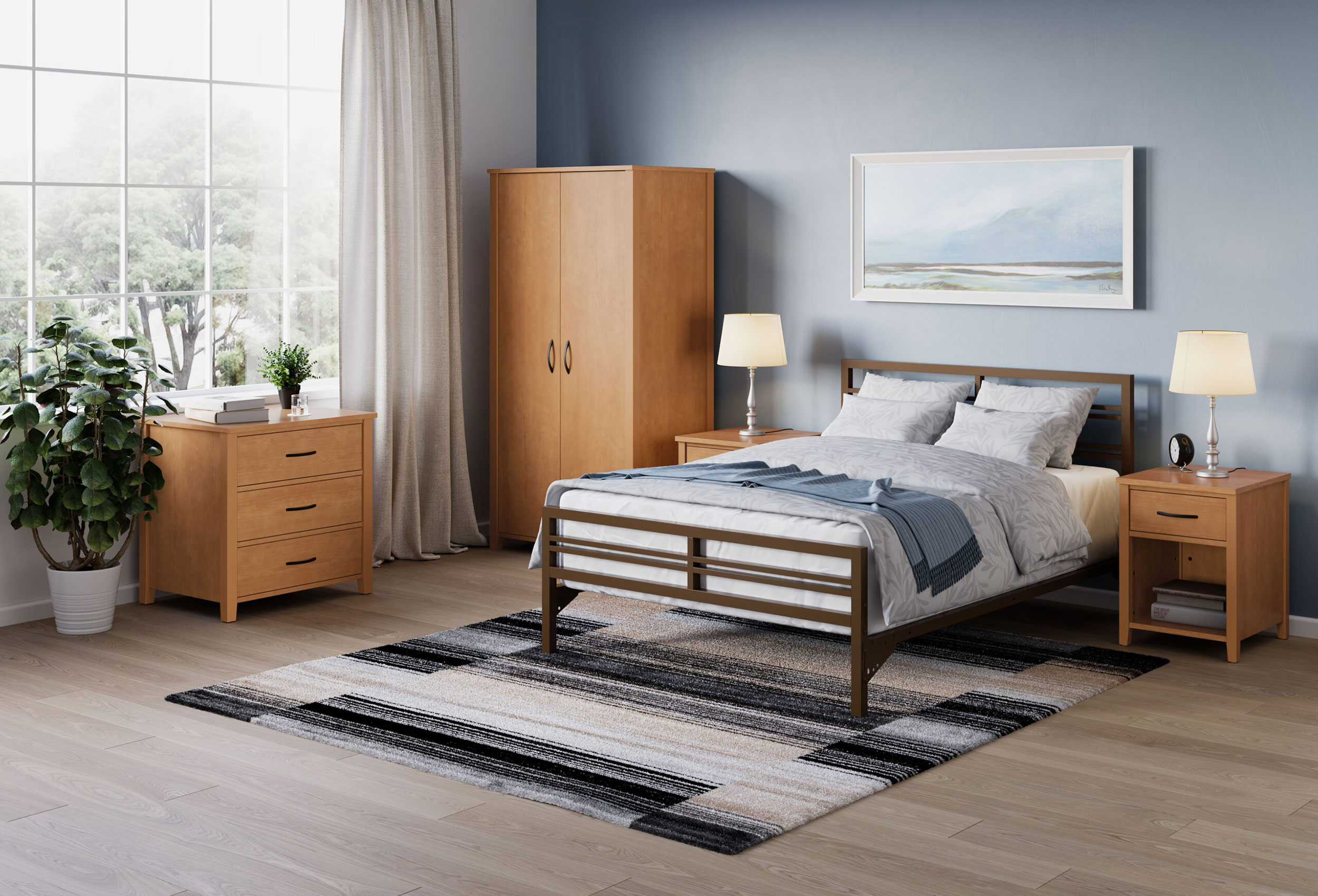 Bedroom with Mason bed and Endure Wardrobe, 3-Drawer Chest, and Nightstand in Medium Cherry Finish