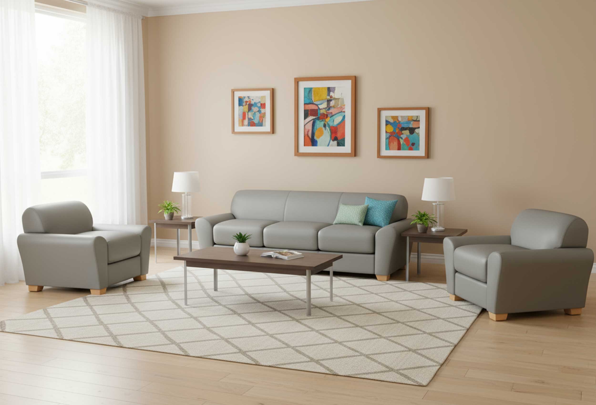 Living Room with furniture built for supportive housing facilities