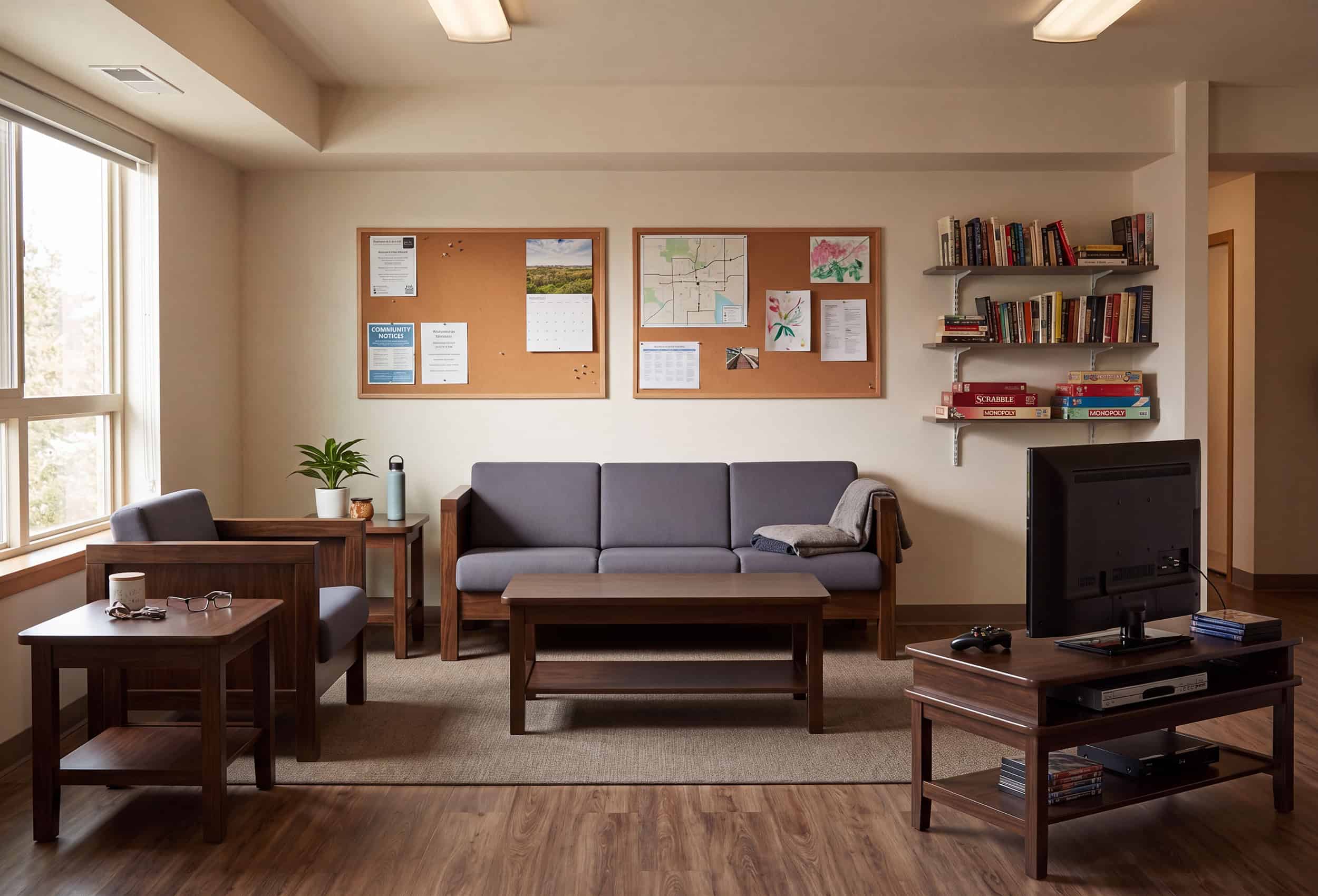 A common area in a transitional supportive housing facility featuring furniture from Butler Human Services Reside and Legacy Collections.